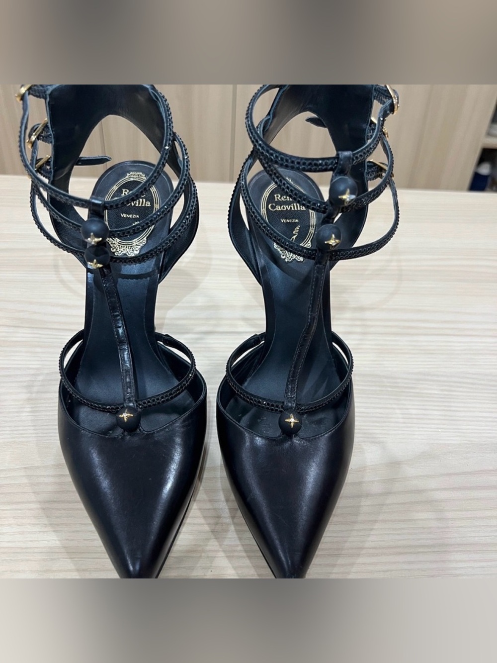 Rene Caovilla Black Crystal-Strap Pointed Stiletto Heels - Picture 3 of 4